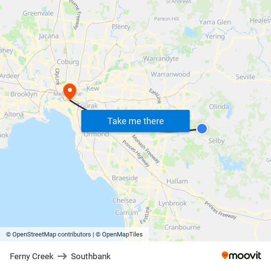 Ferny Creek to Southbank map