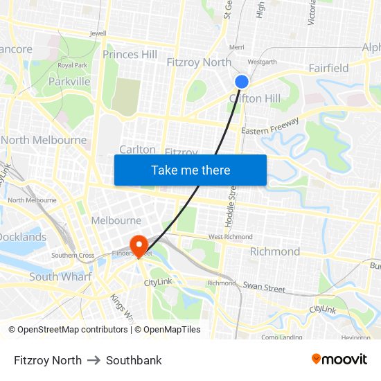 Fitzroy North to Southbank map