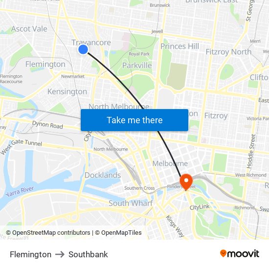 Flemington to Southbank map