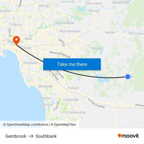 Gembrook to Southbank map