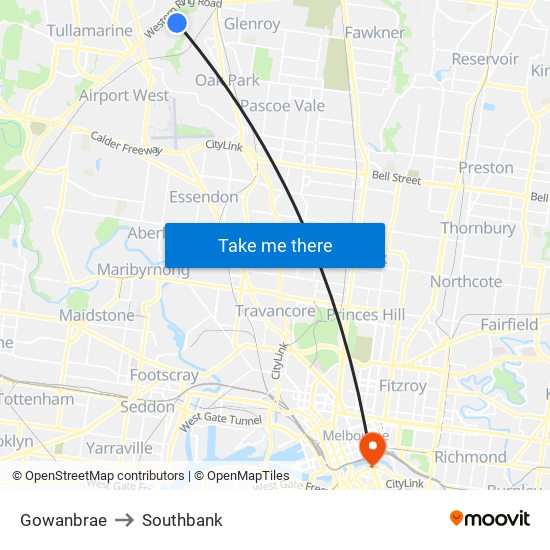 Gowanbrae to Southbank map