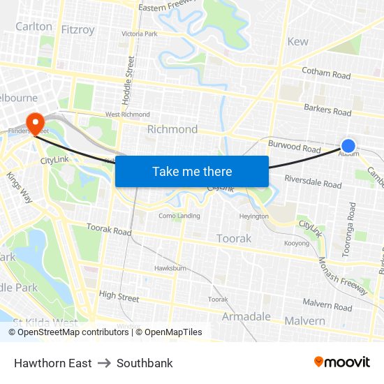 Hawthorn East to Southbank map