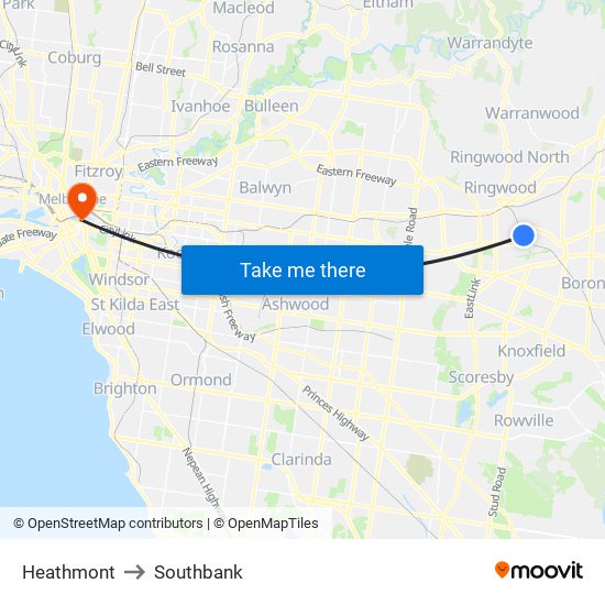 Heathmont to Southbank map