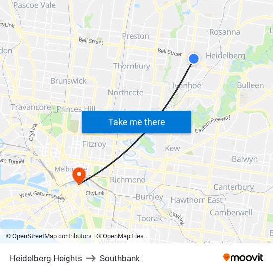 Heidelberg Heights to Southbank map