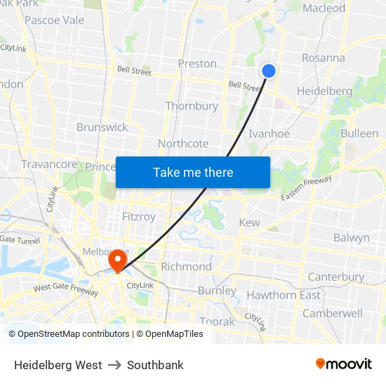 Heidelberg West to Southbank map