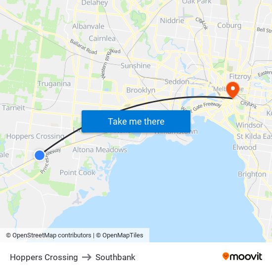 Hoppers Crossing to Southbank map