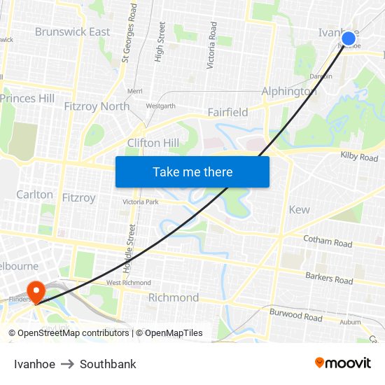 Ivanhoe to Southbank map