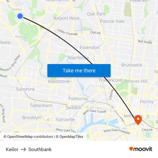 Keilor to Southbank map