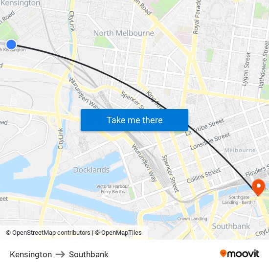 Kensington to Southbank map