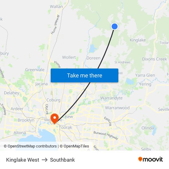 Kinglake West to Southbank map