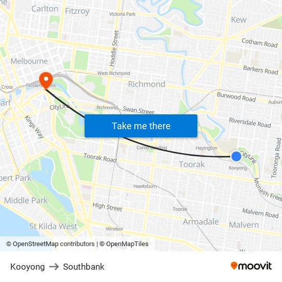 Kooyong to Southbank map