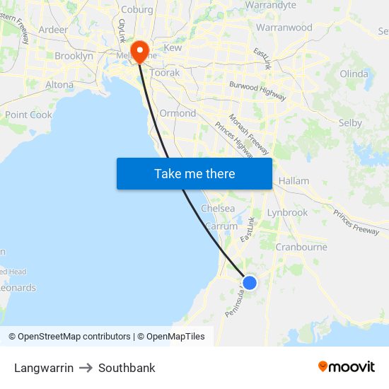 Langwarrin to Southbank map