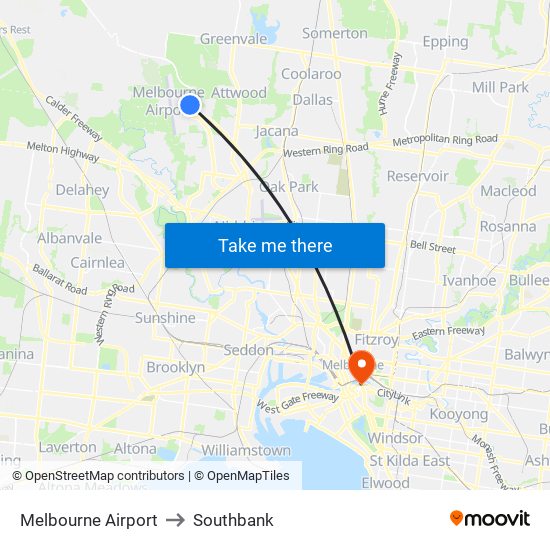 Melbourne Airport to Southbank map