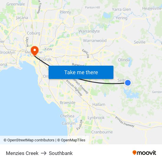 Menzies Creek to Southbank map