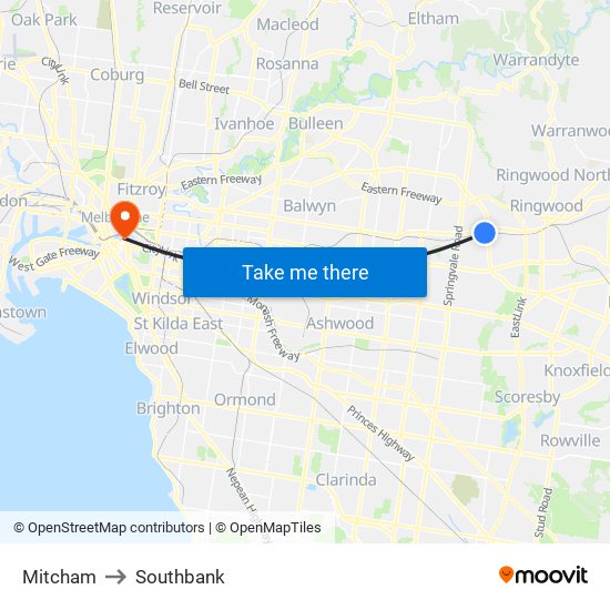 Mitcham to Southbank map