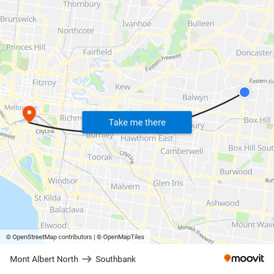 Mont Albert North to Southbank map