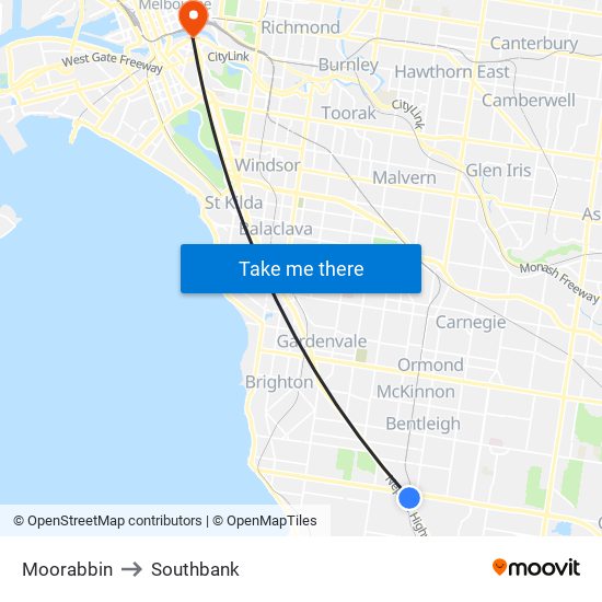 Moorabbin to Southbank map