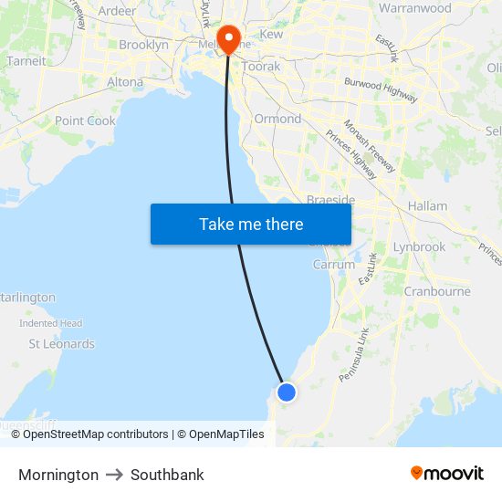 Mornington to Southbank map