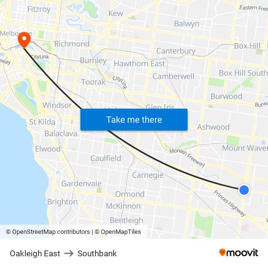 Oakleigh East to Southbank map