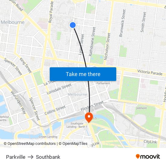 Parkville to Southbank map