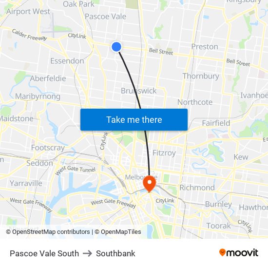 Pascoe Vale South to Southbank map