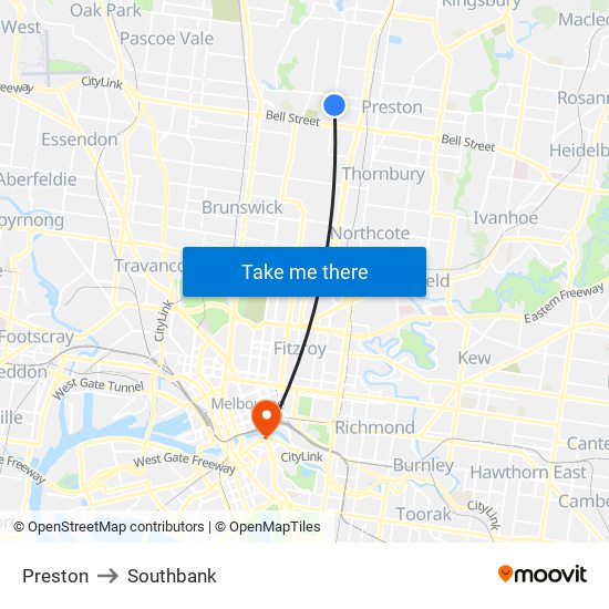 Preston to Southbank map