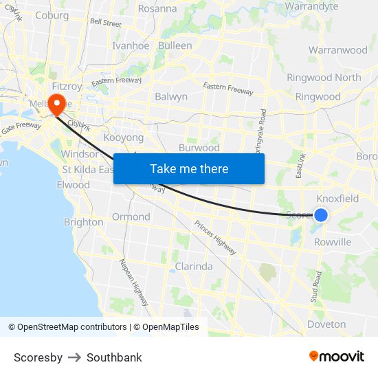 Scoresby to Southbank map