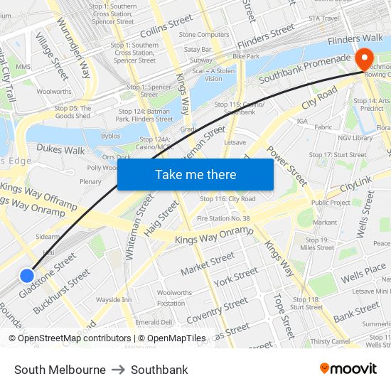 South Melbourne to Southbank map