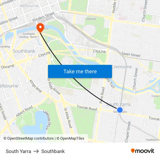 South Yarra to Southbank map