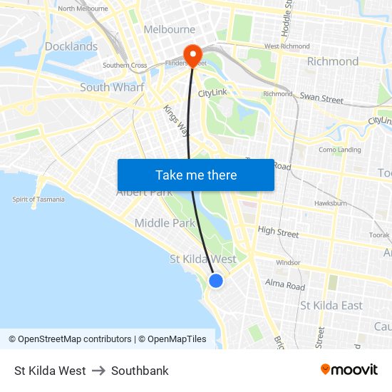 St Kilda West to Southbank map