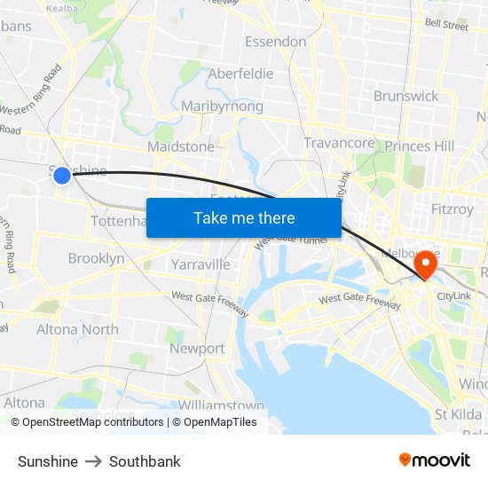 Sunshine to Southbank map