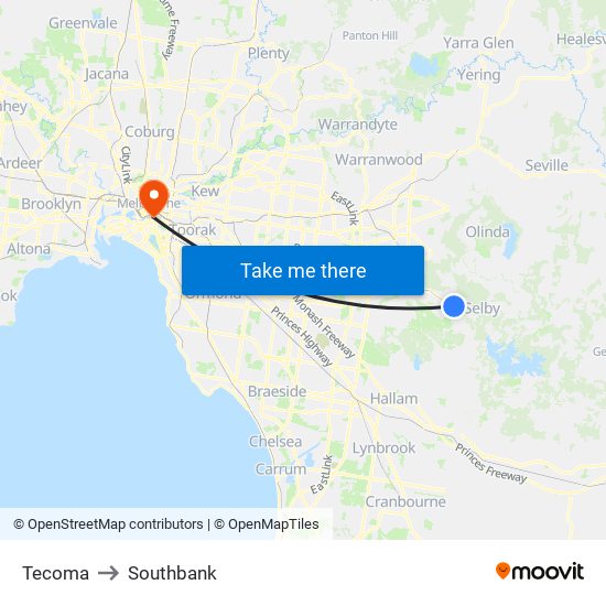 Tecoma to Southbank map