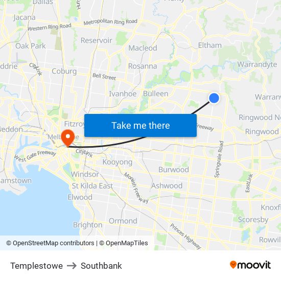 Templestowe to Southbank map