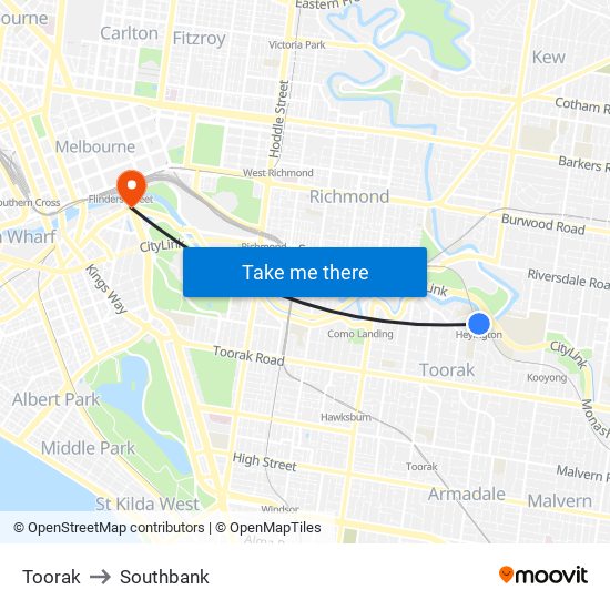 Toorak to Southbank map