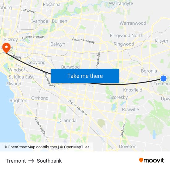 Tremont to Southbank map