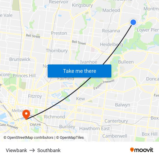 Viewbank to Southbank map