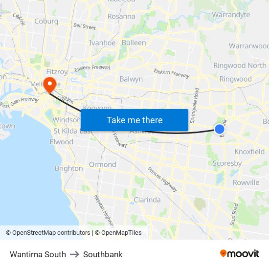 Wantirna South to Southbank map