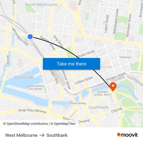 West Melbourne to Southbank map