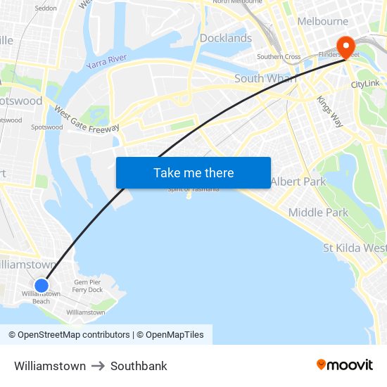 Williamstown to Southbank map