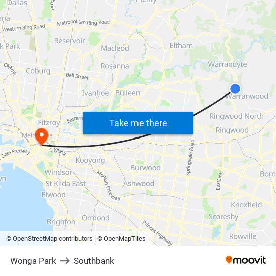 Wonga Park to Southbank map