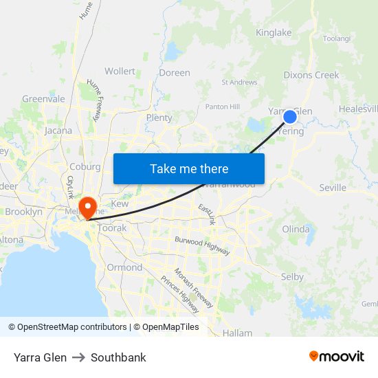 Yarra Glen to Southbank map