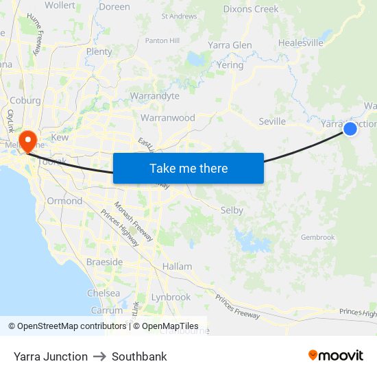 Yarra Junction to Southbank map