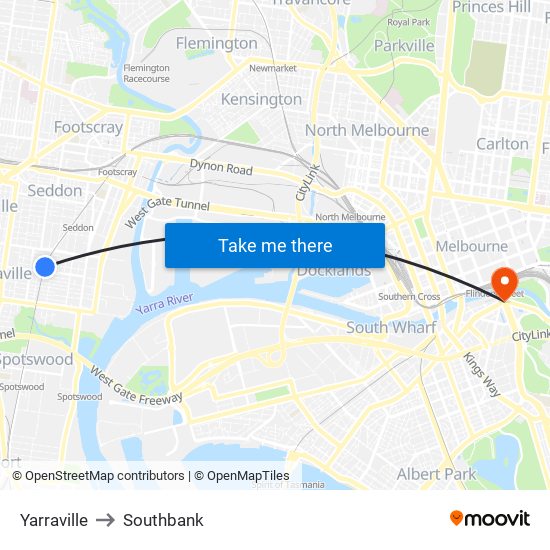 Yarraville to Southbank map