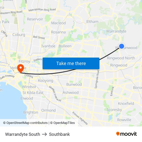 Warrandyte South to Southbank map