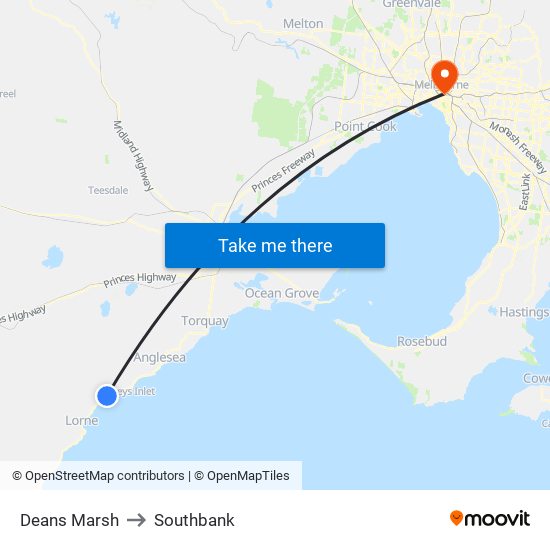 Deans Marsh to Southbank map