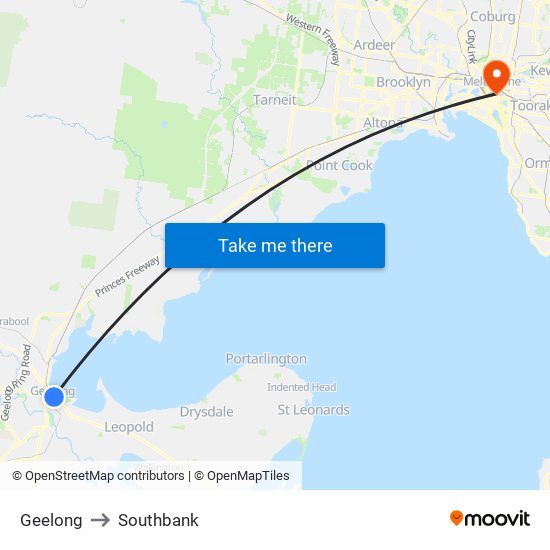 Geelong to Southbank map