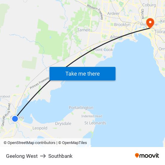 Geelong West to Southbank map