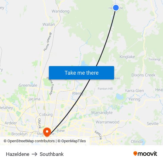 Hazeldene to Southbank map