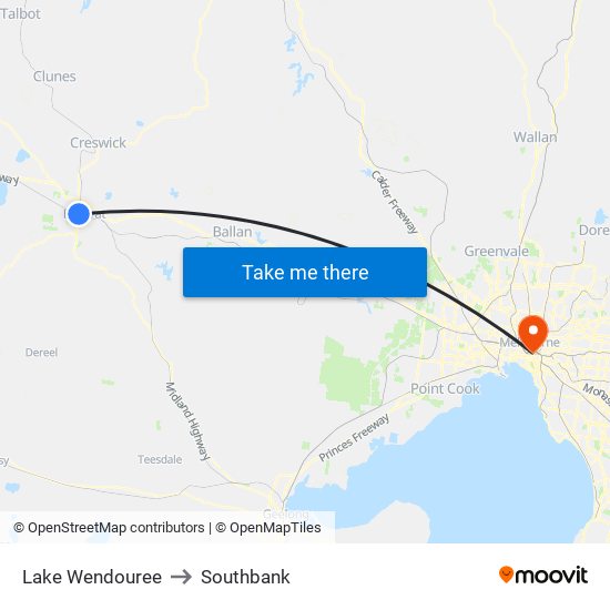 Lake Wendouree to Southbank map