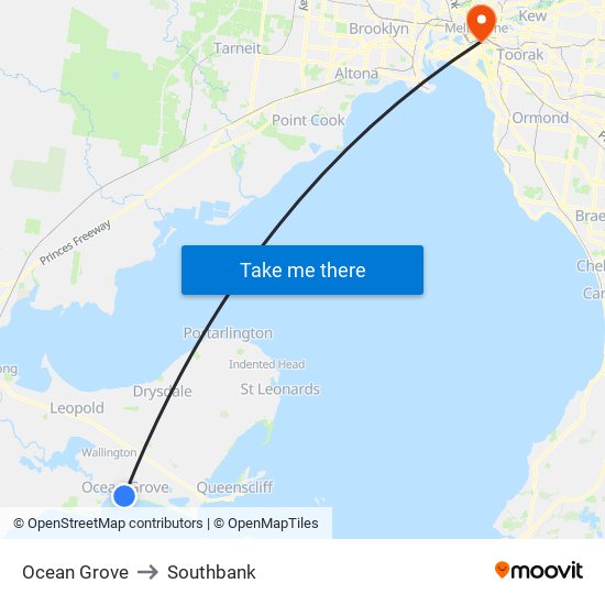 Ocean Grove to Southbank map